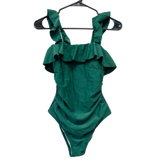 Cupshe Women's Square Neck Ruffle Wide Straps Ruched Bathing Suit Green XS - Picture 1 of 7